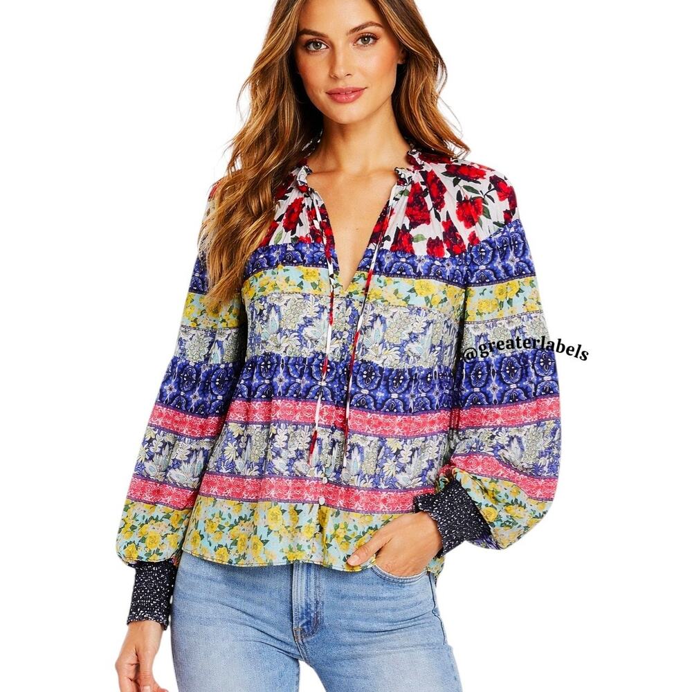 NWT Alice + Olivia Marlyn Floral Tie-Neck Button Down Tiered Blouse XL/L NEW